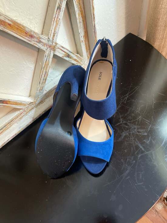 Sole Society Blue Suede Colorblock Open Toe Ankle Strap Heels - Picture 3 of 8